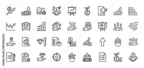 Finance and investment line icon set. Vector pictograms of growing charts, money bags, handshake, and planning documents, thin outline illustration.