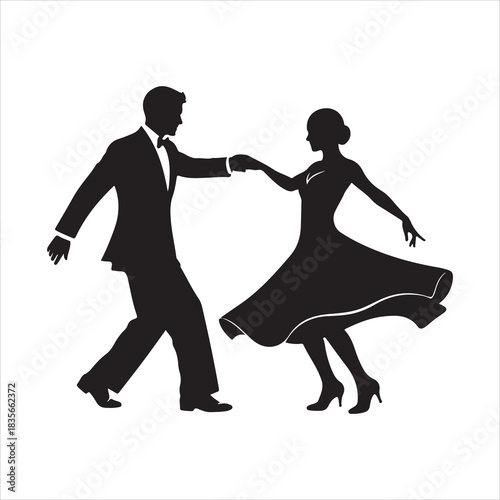 Elegant dancing couple silhouette in formal wear, romantic pose. Vector