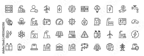 Energy and power line icon set. Vector pictograms of wind turbine, battery, factory, solar panel, and electricity, thin outline illustration.