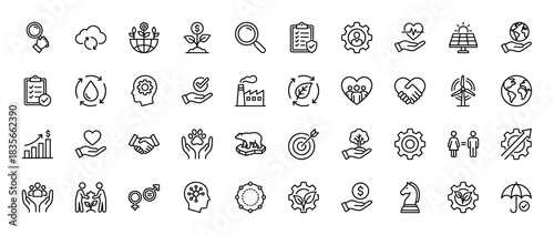 Sustainability and corporate social responsibility line icon set. Vector pictograms of renewable energy, ecology, and ethical business, thin outline illustration.