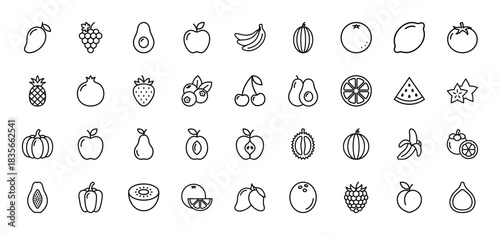Fruit line icon set. Vector pictograms of mango, banana, apple, orange, strawberry, avocado, grapes, watermelon, pineapple, kiwi and cherry, thin outline illustration.
