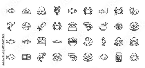 Seafood and marine life line icon set. Vector pictograms of fish, crab, shrimp, oyster, and octopus, thin outline illustration.