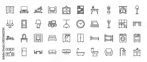Furniture and home decor line icon set. Vector pictograms of sofa, bed, wardrobe, table, chair, and appliances, thin outline illustration.