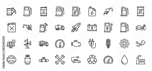 Energy line icon set. Vector pictograms of gasoline pump, electric car charger, solar panel, and wind turbine, thin outline illustration.