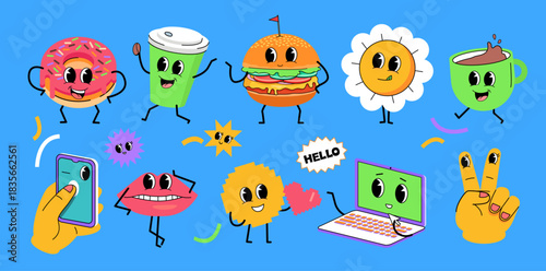 Funny colorful stickers cartoon characters for modern lifestyle