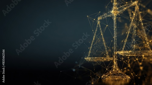 Justice's Digital Embrace: A luminous digital rendition of the scales of justice, aglow against a dark backdrop, symbolizes fairness and the modern digital landscape.