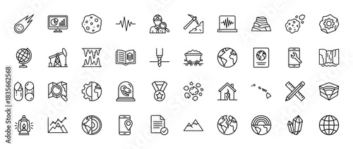 Geology and earth science line icon set. Vector pictograms of seismograph, fossil, core, mining, earthquake, crystal, oil derrick and globe, thin outline illustration.
