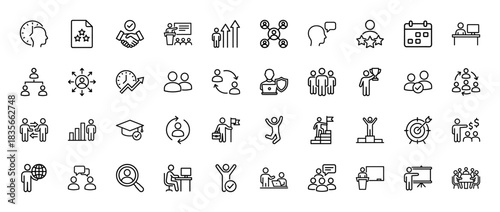 Human resources line icon set. Vector pictograms of team, success, growth, goal, training, and calendar, thin outline illustration.