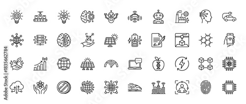 Future technology line icon set. Vector pictograms of artificial intelligence, solar energy, robotics, and blockchain, thin outline illustration.