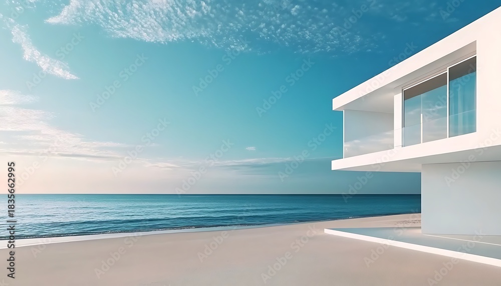 Fototapeta premium Minimalist modern architecture house on ocean beach with calm waters scenery