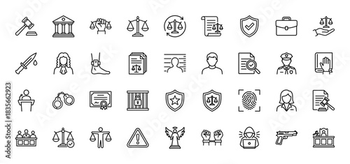Justice and law line icon set. Vector pictograms of judge's gavel, balance scale, handcuffs, and court building, thin outline illustration.