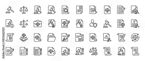 Law and justice line icon set. Vector pictograms of gavel, scale, document, and contract, thin outline illustration.