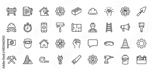 Construction and engineering line icon set. Vector pictograms of helmet, tools, blueprint, worker, and caution sign, thin outline illustration.