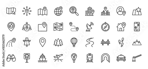 Navigation and travel line icon set. Vector pictograms of map, pin, global, location, route, and transportation, thin outline illustration.