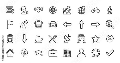 Navigation and travel line icon set. Vector pictograms of map, compass, vehicle, hotel, and education, thin outline illustration.