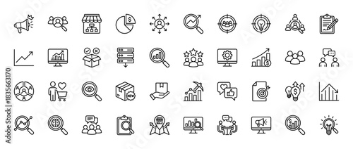 Marketing and business line icon set. Vector pictograms of research, analytics, strategy, finance, and teamwork, thin outline illustration.