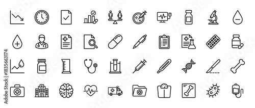 Medical line icon set. Vector pictograms of doctor, stethoscope, hospital, ambulance, syringe, microscope, dna, thermometer, pills, heart, thin outline illustration.