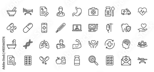 Medical healthcare line icon set. vector pictograms of stomach, pharmacy, ambulance, doctor, heart, and pills, thin outline illustration.