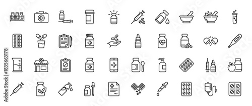 Medical and pharmacy line icon set. Vector pictograms of syringe, pills, thermometer, dropper, mortar, and first aid kit, thin outline illustration.