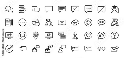 Communication line icon set. Vector pictograms of chat bubbles, messages, email, cloud transfer, and voice, thin outline illustration.