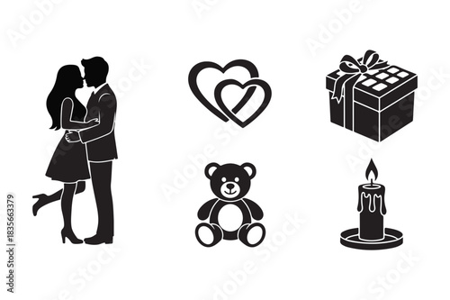 Romantic symbols of love and celebration icons