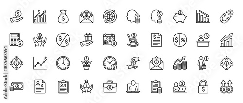 Finance and business line icon set. vector pictograms of investment, money, calculator, growth, and banking, thin outline illustration.