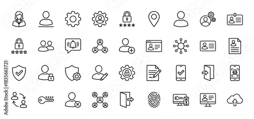 Account security and user management line icon set. Vector pictograms of profile, lock, gear, credentials, fingerprint, and shield, thin outline illustration.
