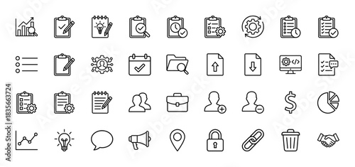Business management line icon set. vector pictograms of charts, checklists, planning, settings, calendar, files, and financial symbols, thin outline illustration.
