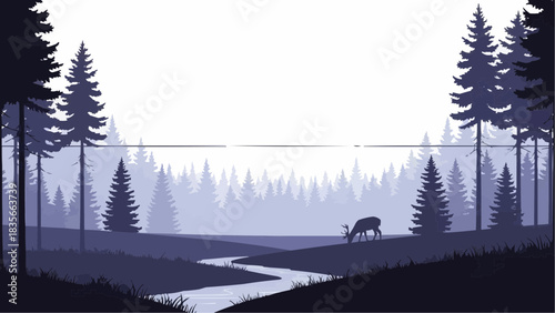 Vector forest landscape with deer and river nature scene illustration brazil ceara