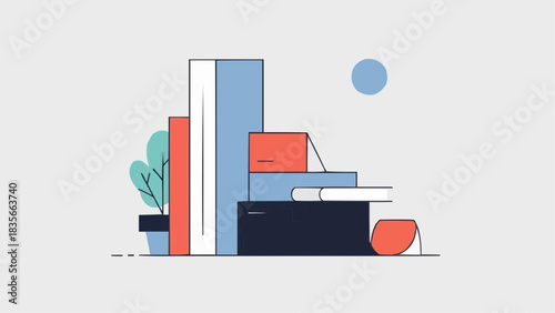 Bookshelf illustration with books plant and circle graphic design art brazil ceara