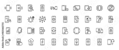 Mobile technology line icon set. Vector pictograms of smartphone services, programming, settings, and calling, thin outline illustration.