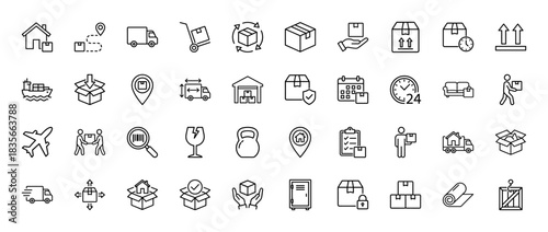Logistics and shipping line icon set. Vector pictograms of delivery, warehouse, tracking, and transportation, thin outline illustration.
