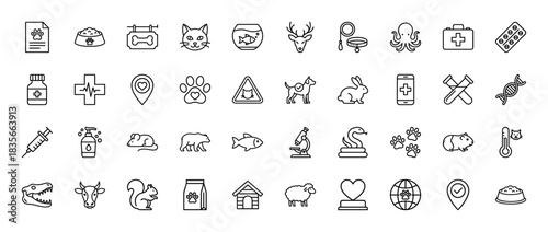 Veterinary line icon set. Vector pictograms of animal paw, pet food, syringe, medical cross, dog, cat, and deer, thin outline illustration.