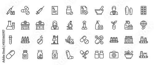 Pharmacy and medicine line icon set. Vector pictograms of syringe, pills, laboratory glassware, store, and prescription, thin outline illustration.