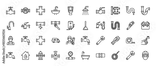 Plumbing service line icon set. Vector pictograms of pipe, wrench, faucet, shower, toilet, and water heater, thin outline illustration.