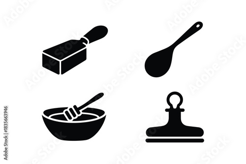 Four kitchen utensils and tools silhouette icons