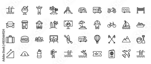 Travel and summer vacation outline icon set. Vector pictograms of swimming pool, camper van, beach, surfboard, and airplane, thin line illustration.