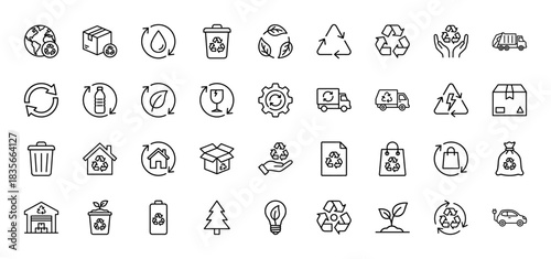 Ecology and recycling line icon set. Vector pictograms of trash cans, plants, delivery trucks, and earth, thin outline illustration.