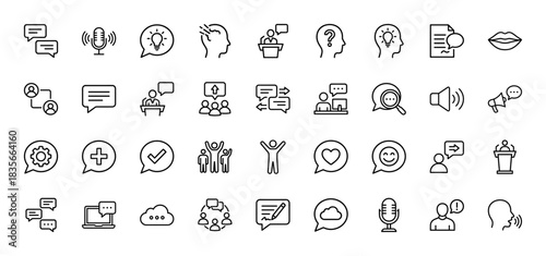 Communication and business interaction line icon set. Vector pictograms of speech bubbles, microphone, head, and presentation, thin outline illustration.