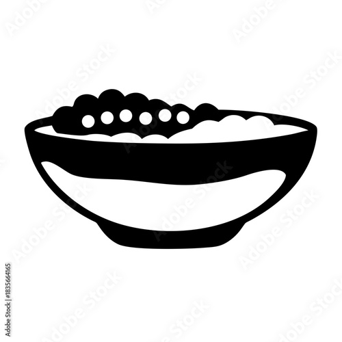 A simple black and white icon depicting a bowl full of food