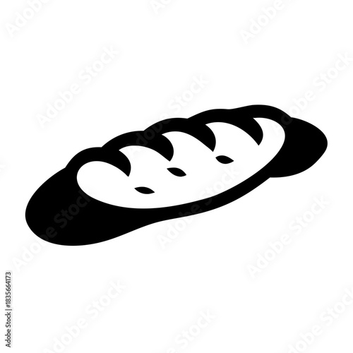 A stylized black silhouette icon of a fresh, long loaf of artisan bread with score marks