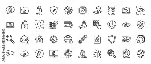 Cybersecurity line icon set. Vector pictograms of padlock, shield, fingerprint, server, and lock, thin outline illustration.