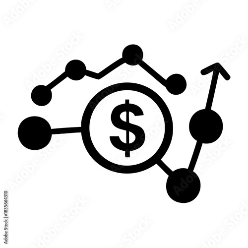 Black and white line graph icon depicting financial growth and investment returns with a dollar symbol.