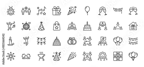 Celebration and party line icon set. Vector pictograms of gift, cake, music, confetti, and people, thin outline illustration.