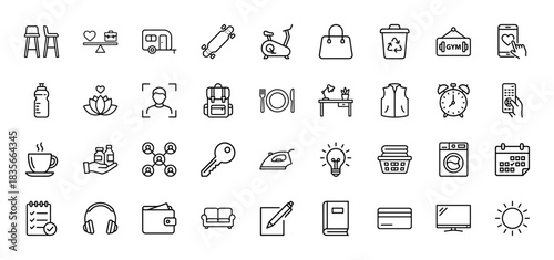 Lifestyle and household line icon set. Vector pictograms of furniture, travel, fitness, and daily objects, thin outline illustration.