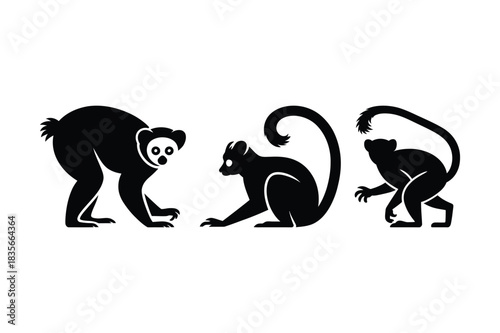 Three stylized black silhouettes of monkeys on a white background