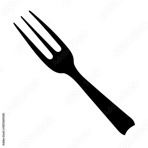 A simple black silhouette of a three-tined eating fork against a plain white background