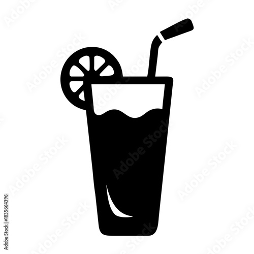 A black icon showing a refreshing beverage in a tall glass with a straw and lemon slice