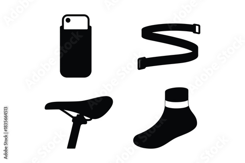 Black silhouette icons of bicycle accessories and a phone case