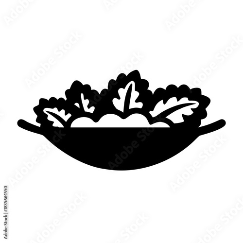 A simple black silhouette icon depicting a bowl overflowing with fresh leafy greens